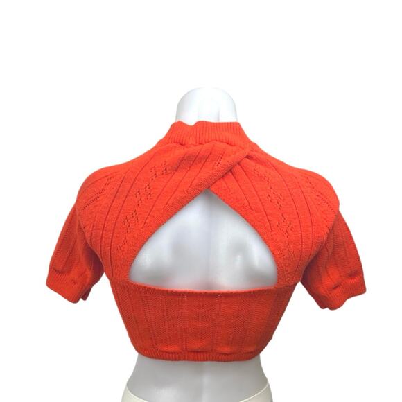 Free People Women's Orange Mock Neck Cutout Back Short Sleeve Crop Sweater Top S - Picture 2 of 4